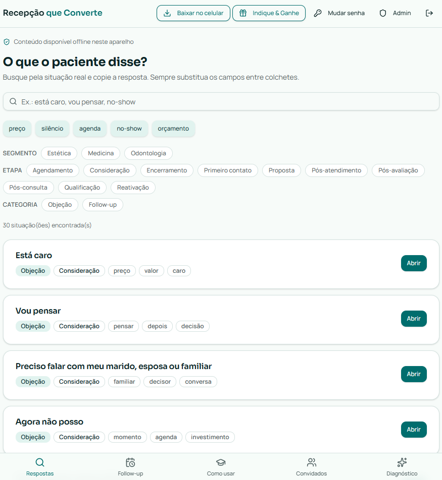 Tela do aplicativo com a lista de situações reais e botões para abrir cada resposta