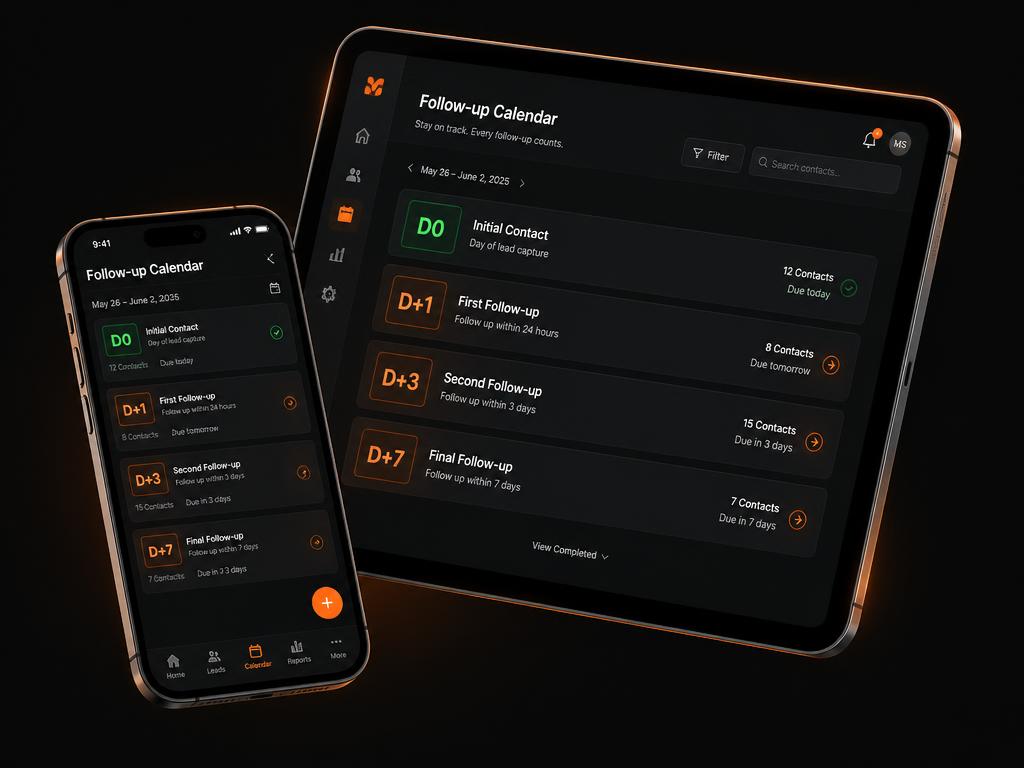 Mockup do calendário de follow-up com as etapas D0, D+1, D+3 e D+7 no celular e no tablet