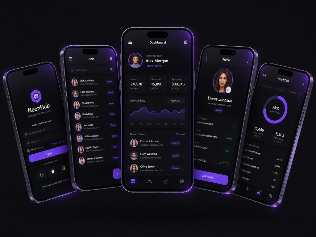 Mockup com cinco celulares mostrando os logins individuais da equipe da clínica
