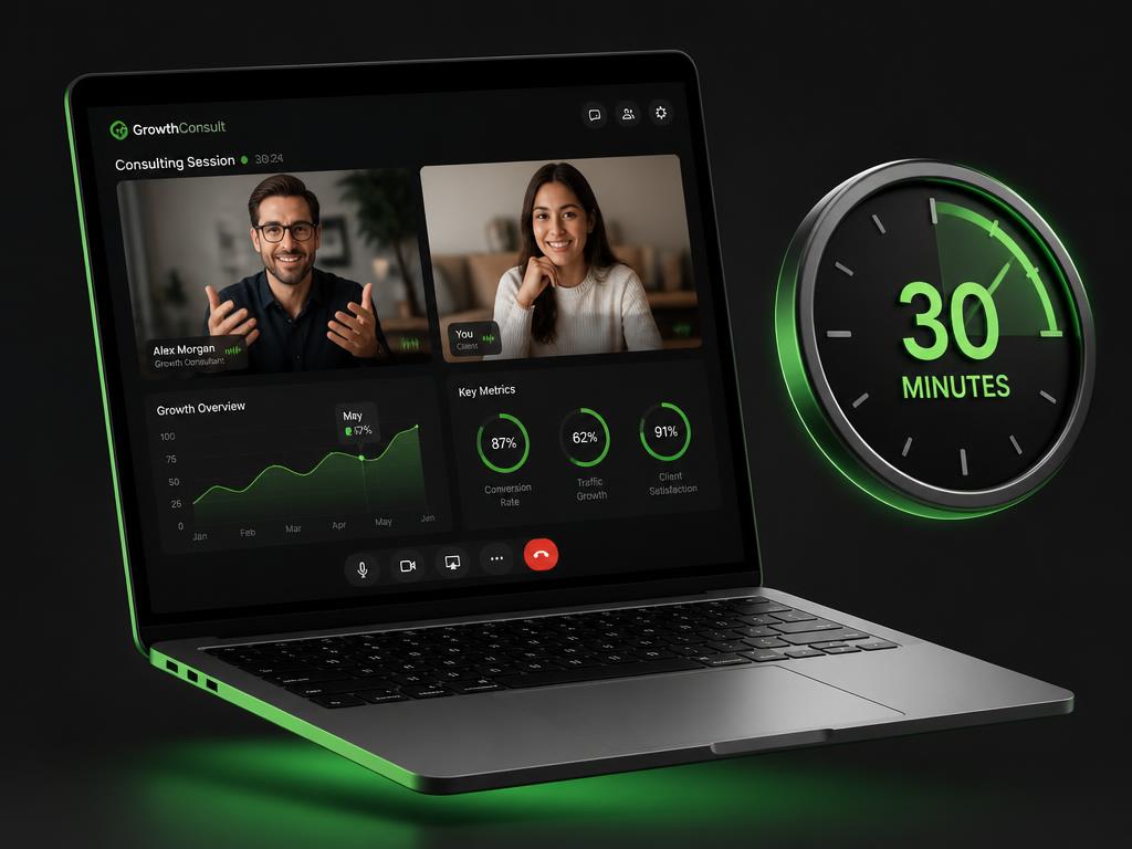 Mockup de notebook com a consultoria de 30 minutos por videochamada