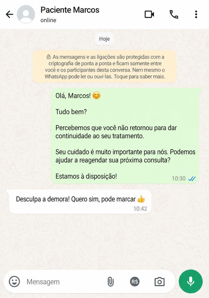 Print de conversa no WhatsApp reativando paciente que estava no vácuo