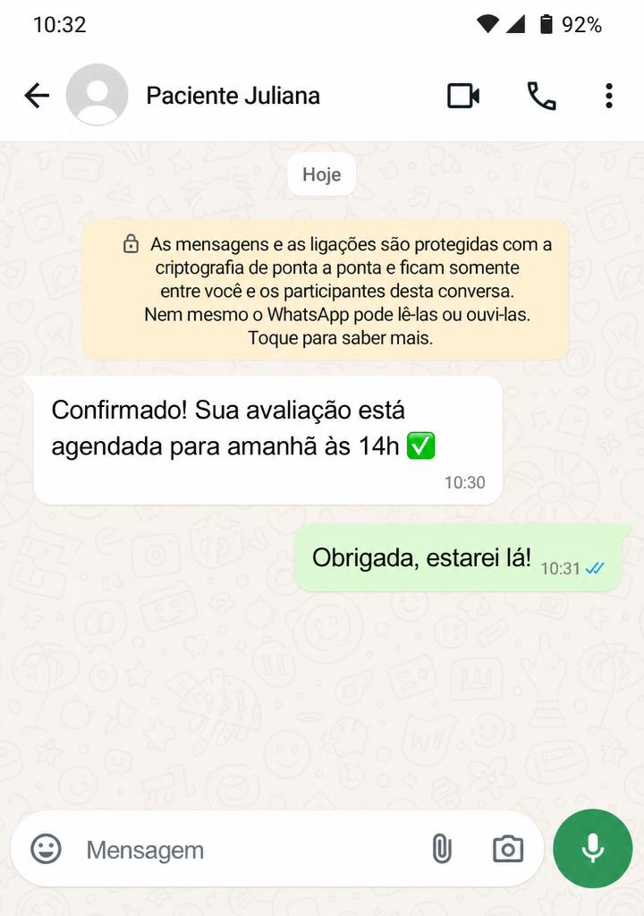 Print de conversa no WhatsApp confirmando avaliação agendada