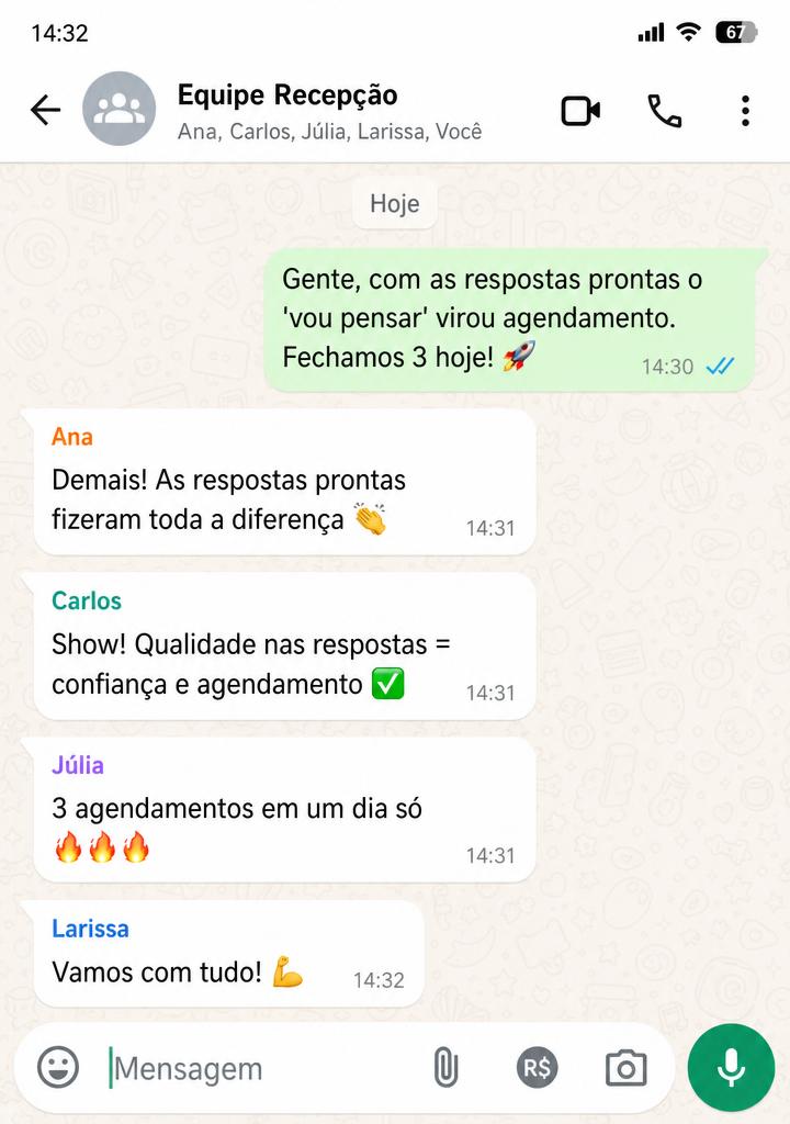 Print de conversa da equipe de recepção comemorando 3 agendamentos